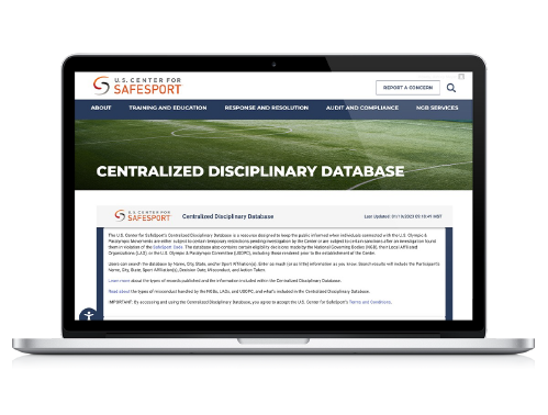 Laptop graphic with Centralized Disciplinary Database webpage open in tab.