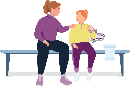 Illustration of a mother and daughter sitting on a bench, with ice skates and a towel nearby.