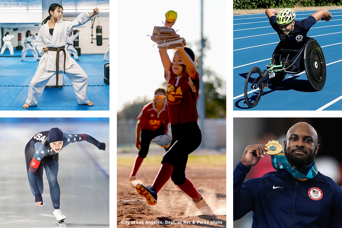 A grid of various athletes; a youth karate fighter, a youth softball pitcher, a para-athlete on a running track, a USA speed-skater, and an elite athlete showing his gold medal.