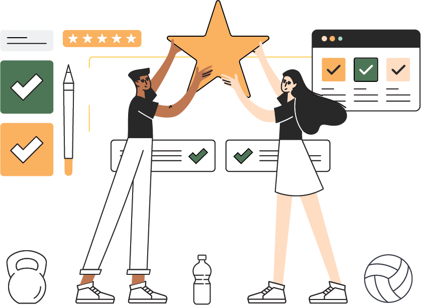 Illustration of two athletes holding a star, with graphics in the background. Graphics include survey checkboxes, star ratings, a pencil and sporting equipment.