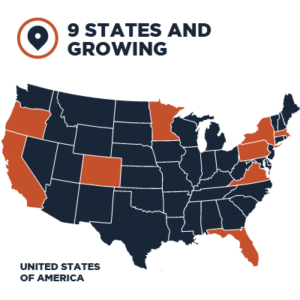 9 states and growing embedded text and a map of the USA with highlighted states: WA, CA, CO, MN, FL, VG, NY, PA, and MA