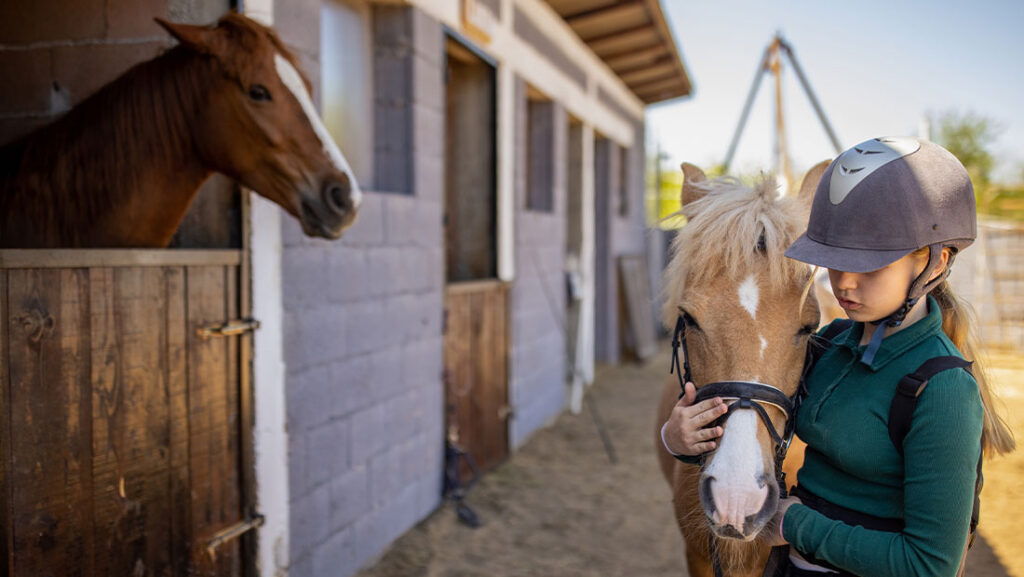 Girl standing next to a brown horse outdoors by the stable.