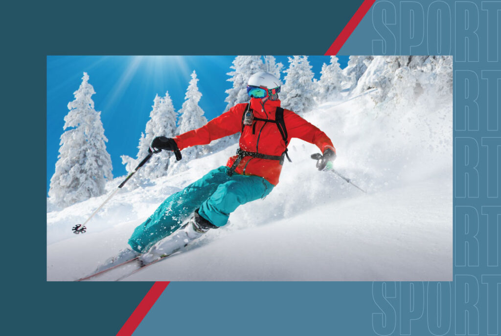 Professional skier on the slopes, wearing a red jacket with teal pants. Image is framed within a teal background with a red diagonal stripe down the middle and the words "sport" stacked vertically to the right.