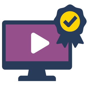Training icon: a computer monitor with a play button shown on the screen, and a certificate ribbon overlayed on the top right corner