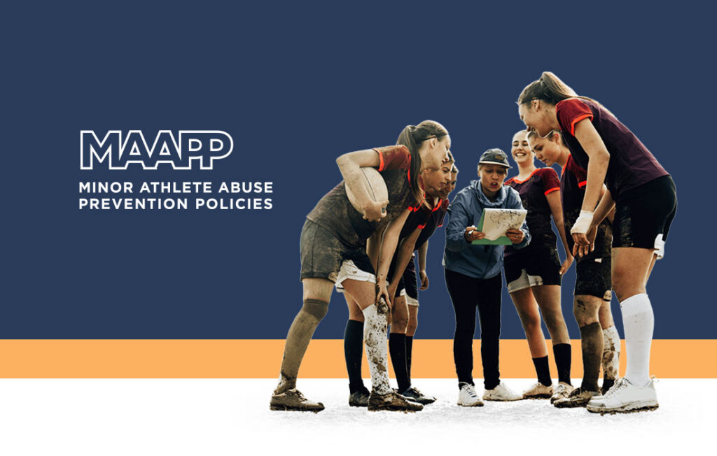 Minor Athlete Abuse Prevention Policies logo and a women's rugby team going over plays with their coach on the sideline.