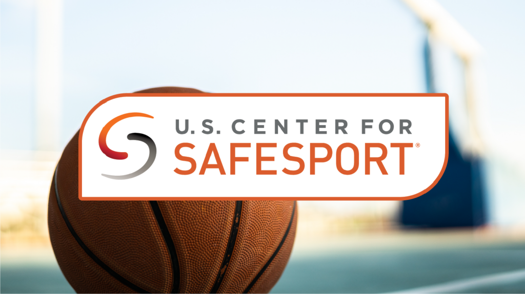Safesport logo correct use against background with a basketball